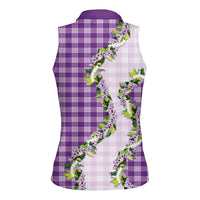 Violet Hawaii Palaka Women Sleeveless Polo Shirt Maile Pikake Honohono Orchid Lei