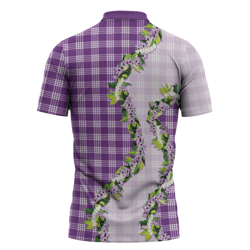 Violet Hawaii Palaka Zipper Polo Shirt Maile Pikake Honohono Orchid Lei