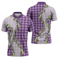Violet Hawaii Palaka Zipper Polo Shirt Maile Pikake Honohono Orchid Lei