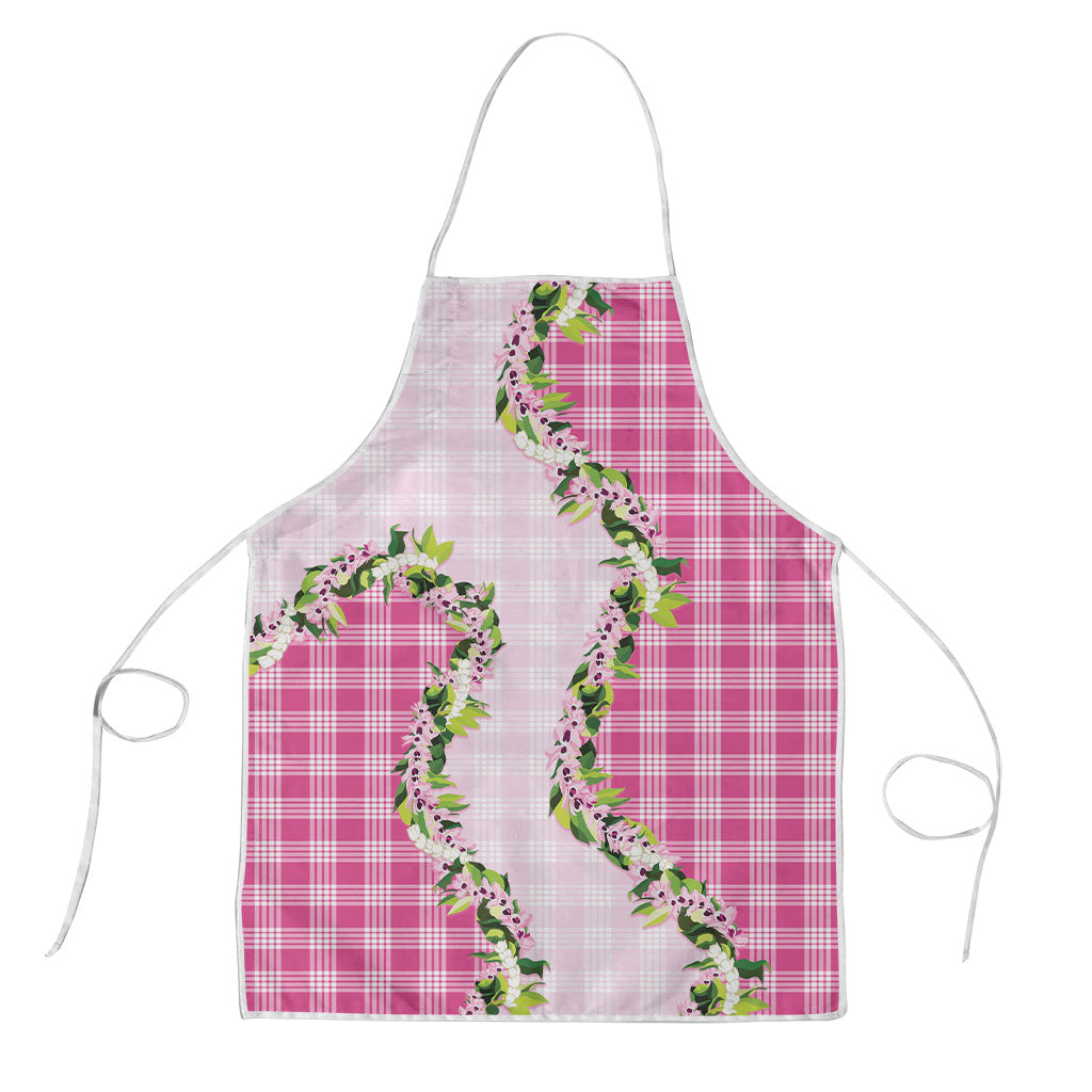 Pink Hawaii Palaka Apron Maile Pikake Honohono Orchid Lei