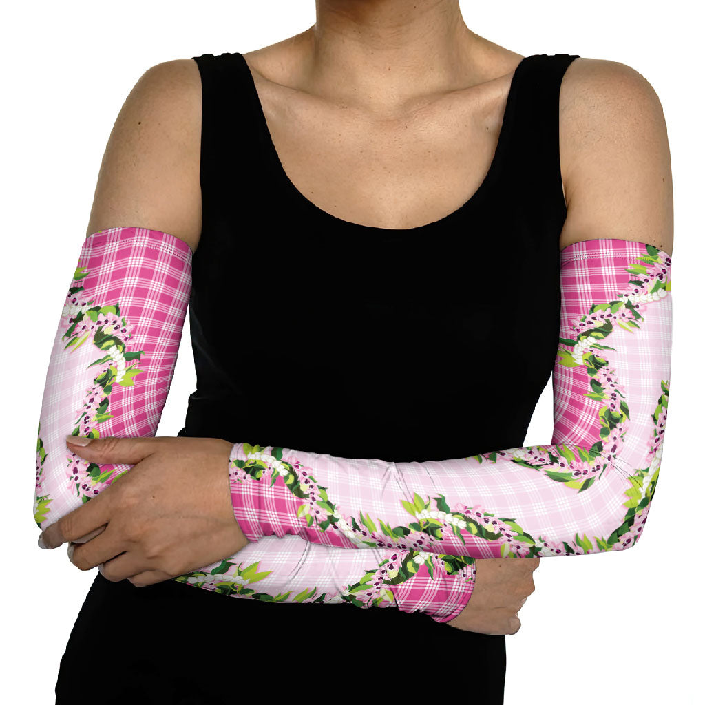 Pink Hawaii Palaka Arm Sleeves Maile Pikake Honohono Orchid Lei