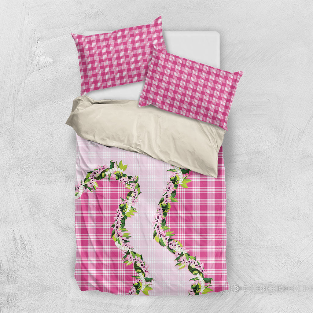 Pink Hawaii Palaka Bedding Set Maile Pikake Honohono Orchid Lei