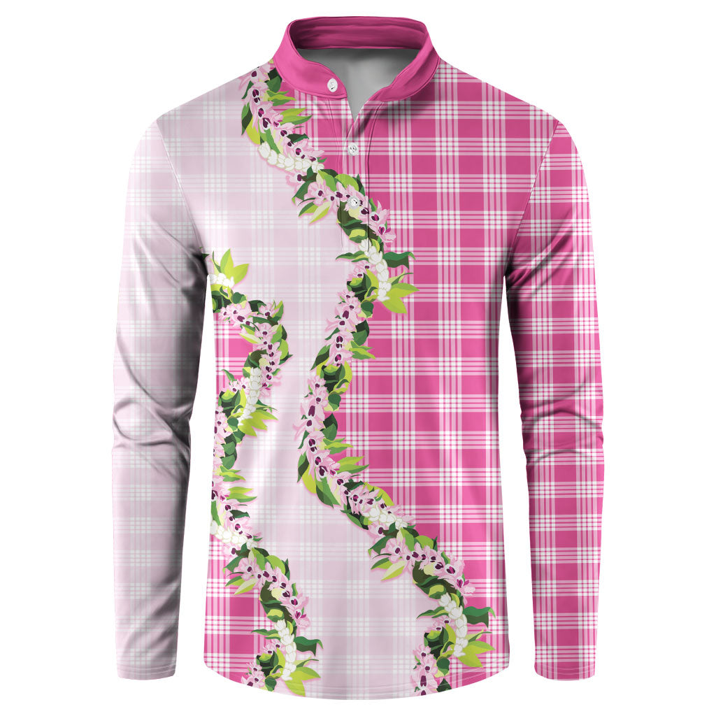 Pink Hawaii Palaka Button Sweatshirt Maile Pikake Honohono Orchid Lei
