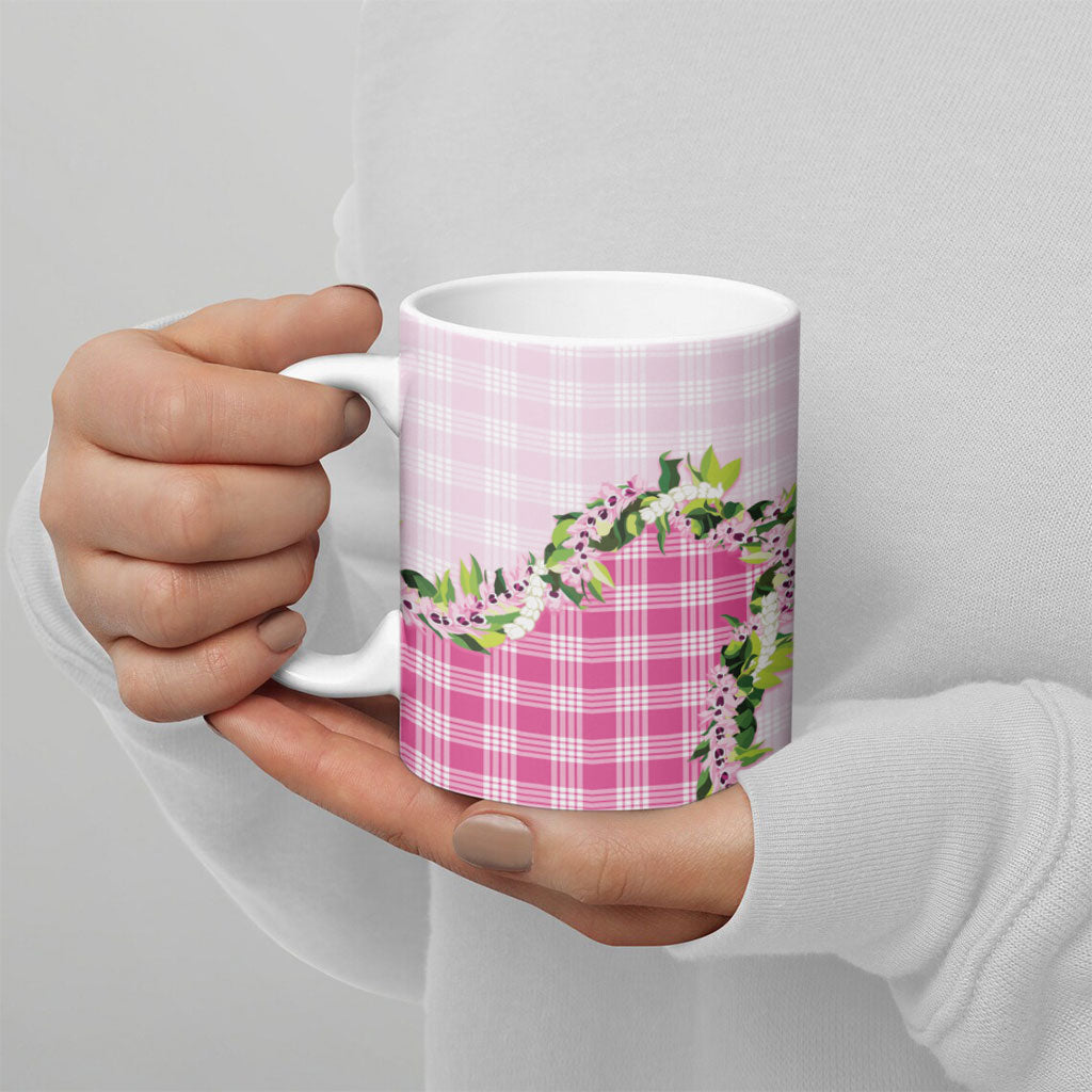 Pink Hawaii Palaka Ceramic Mug Maile Pikake Honohono Orchid Lei