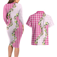 Pink Hawaii Palaka Couples Matching Long Sleeve Bodycon Dress and Hawaiian Shirt Maile Pikake Honohono Orchid Lei LT05 - Polynesian Pride