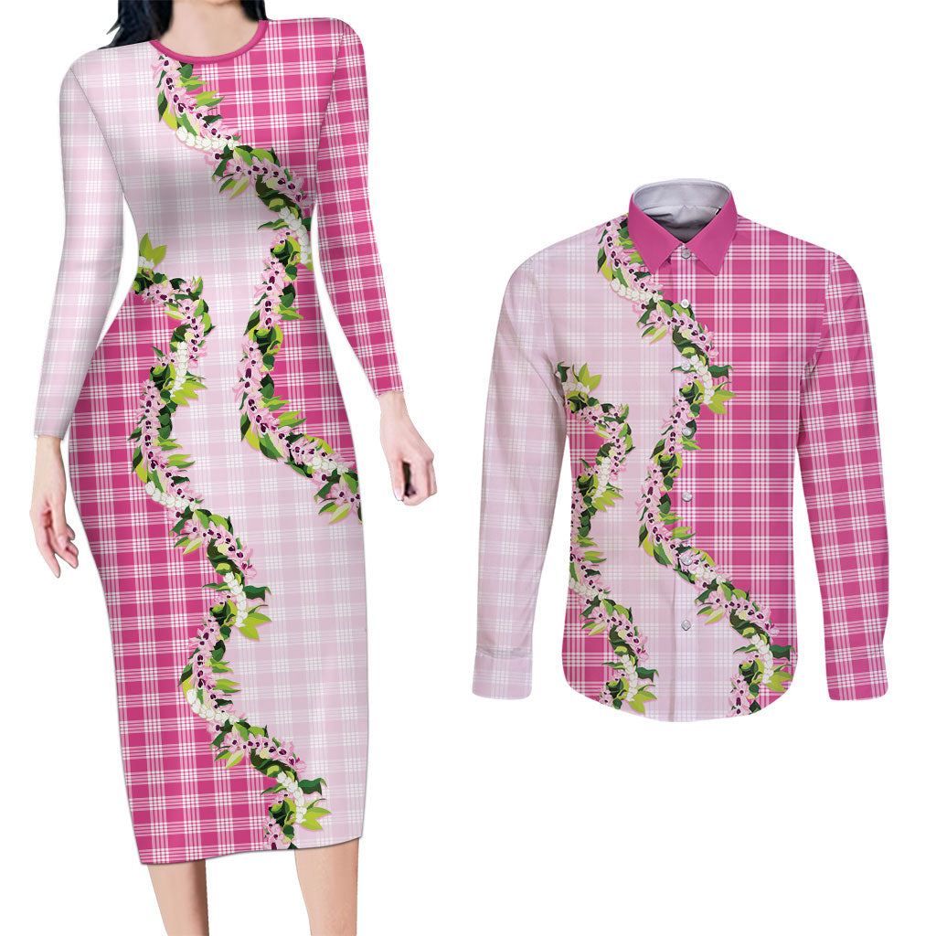 Pink Hawaii Palaka Couples Matching Long Sleeve Bodycon Dress and Long Sleeve Button Shirt Maile Pikake Honohono Orchid Lei LT05 Pink - Polynesian Pride