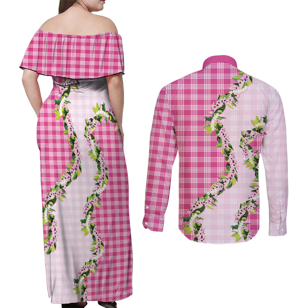Pink Hawaii Palaka Couples Matching Off Shoulder Maxi Dress and Long Sleeve Button Shirt Maile Pikake Honohono Orchid Lei