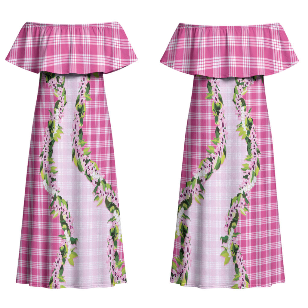 Pink Hawaii Palaka Couples Matching Off Shoulder Maxi Dress and Long Sleeve Button Shirt Maile Pikake Honohono Orchid Lei LT05 - Polynesian Pride
