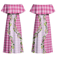 Pink Hawaii Palaka Couples Matching Off Shoulder Maxi Dress and Long Sleeve Button Shirt Maile Pikake Honohono Orchid Lei LT05 - Polynesian Pride