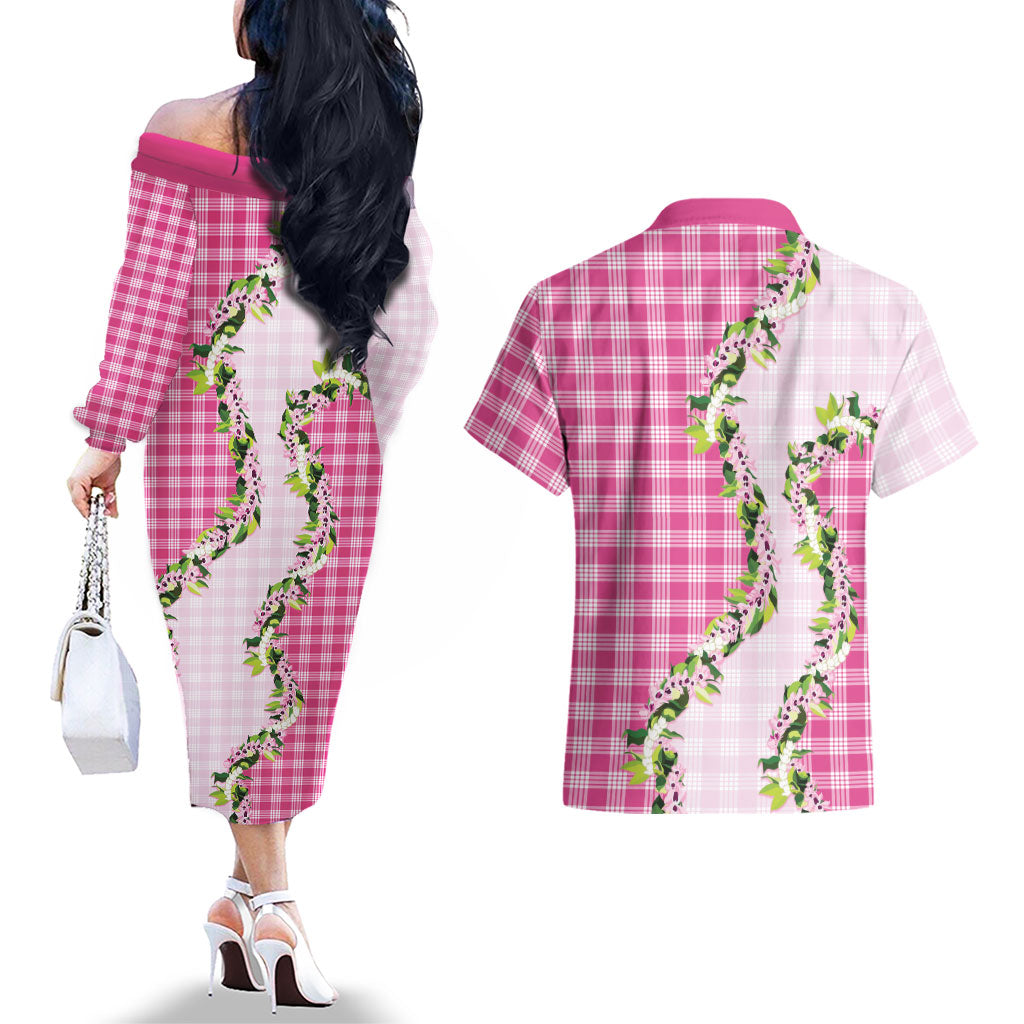 Pink Hawaii Palaka Couples Matching Off The Shoulder Long Sleeve Dress and Hawaiian Shirt Maile Pikake Honohono Orchid Lei LT05 - Polynesian Pride