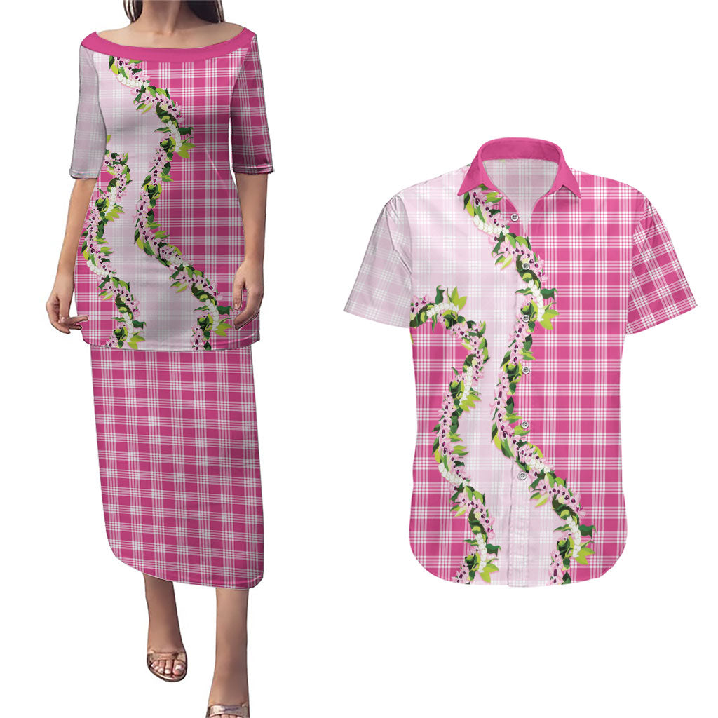 Pink Hawaii Palaka Couples Matching Puletasi and Hawaiian Shirt Maile Pikake Honohono Orchid Lei