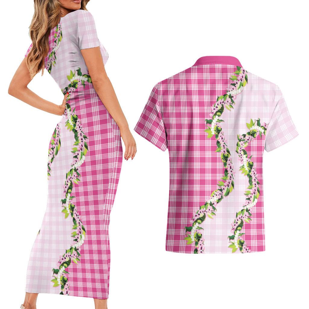 Pink Hawaii Palaka Couples Matching Short Sleeve Bodycon Dress and Hawaiian Shirt Maile Pikake Honohono Orchid Lei LT05 - Polynesian Pride