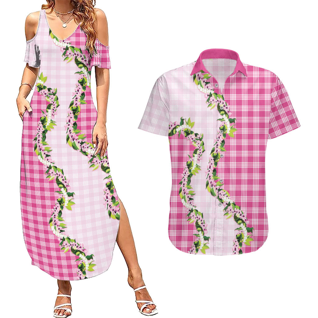 Pink Hawaii Palaka Couples Matching Summer Maxi Dress and Hawaiian Shirt Maile Pikake Honohono Orchid Lei LT05 Pink - Polynesian Pride