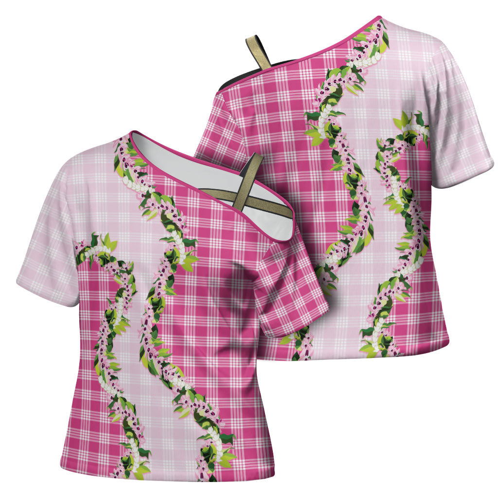Pink Hawaii Palaka Cross Shoulder Shirt Maile Pikake Honohono Orchid Lei