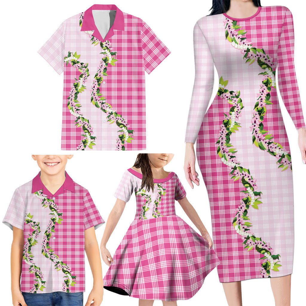 Pink Hawaii Palaka Family Matching Long Sleeve Bodycon Dress and Hawaiian Shirt Maile Pikake Honohono Orchid Lei
