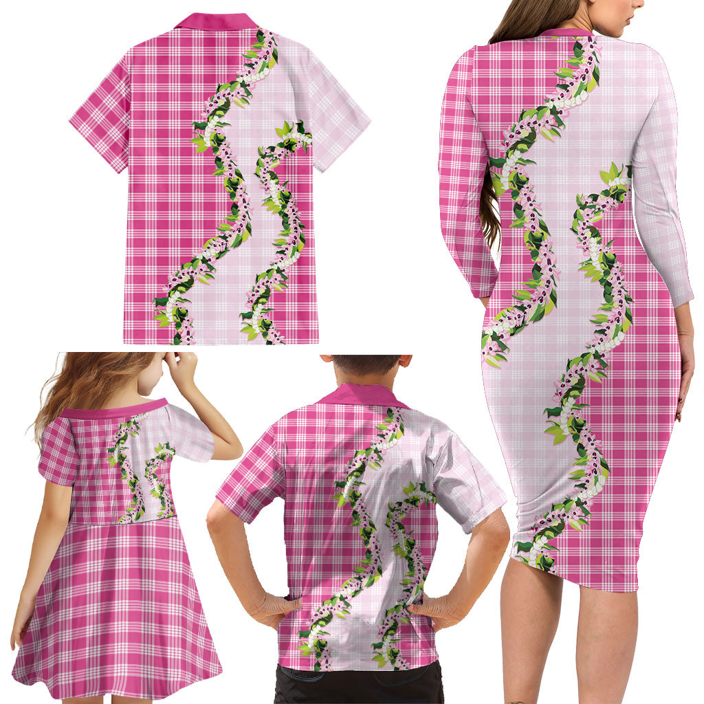 Pink Hawaii Palaka Family Matching Long Sleeve Bodycon Dress and Hawaiian Shirt Maile Pikake Honohono Orchid Lei LT05 - Polynesian Pride
