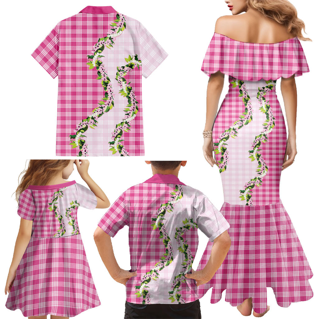 Pink Hawaii Palaka Family Matching Mermaid Dress and Hawaiian Shirt Maile Pikake Honohono Orchid Lei LT05 - Polynesian Pride