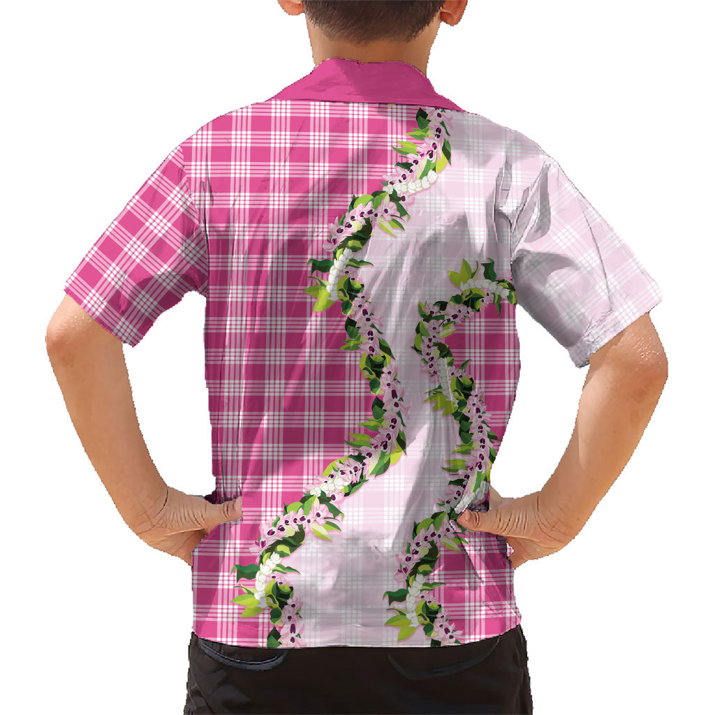 Pink Hawaii Palaka Family Matching Off The Shoulder Long Sleeve Dress and Hawaiian Shirt Maile Pikake Honohono Orchid Lei LT05 - Polynesian Pride