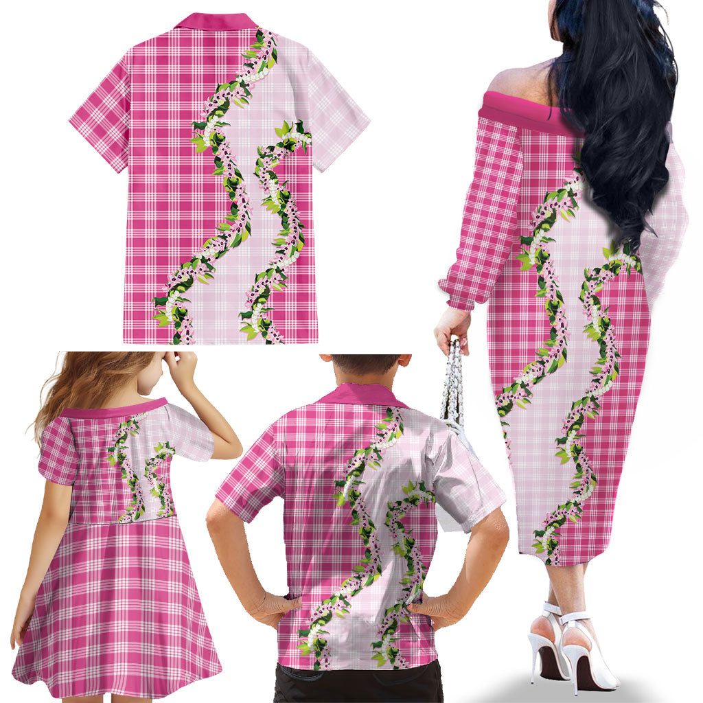 Pink Hawaii Palaka Family Matching Off The Shoulder Long Sleeve Dress and Hawaiian Shirt Maile Pikake Honohono Orchid Lei LT05 - Polynesian Pride
