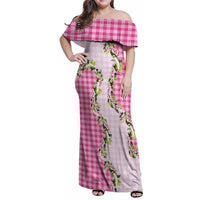 Pink Hawaii Palaka Family Matching Off Shoulder Maxi Dress and Hawaiian Shirt Maile Pikake Honohono Orchid Lei LT05 Mom's Dress Pink - Polynesian Pride