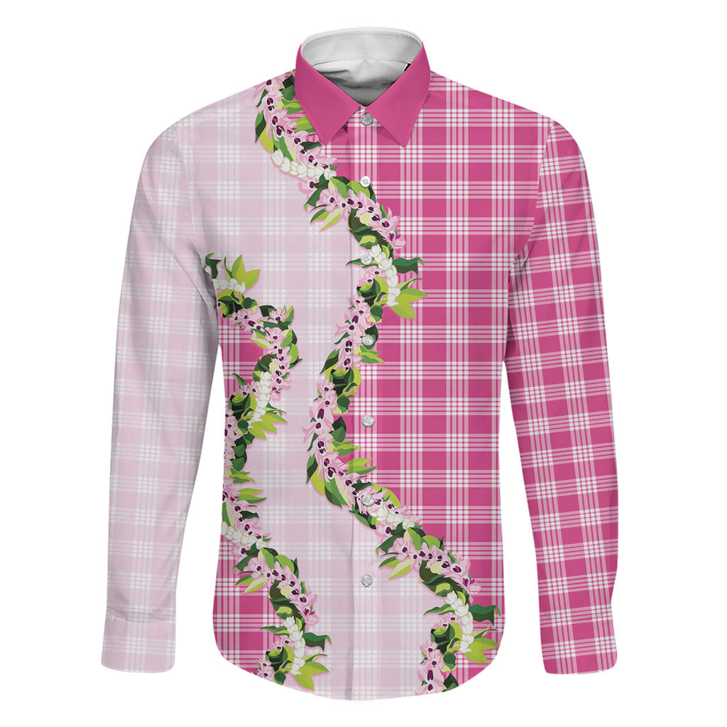 Pink Hawaii Palaka Family Matching Short Sleeve Bodycon Dress and Hawaiian Shirt Maile Pikake Honohono Orchid Lei LT05 Dad's Shirt - Long Sleeve Pink - Polynesian Pride