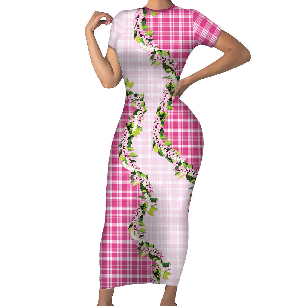 Pink Hawaii Palaka Family Matching Short Sleeve Bodycon Dress and Hawaiian Shirt Maile Pikake Honohono Orchid Lei LT05 Mom's Dress Pink - Polynesian Pride