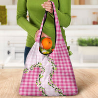 Pink Hawaii Palaka Grocery Bag Maile Pikake Honohono Orchid Lei