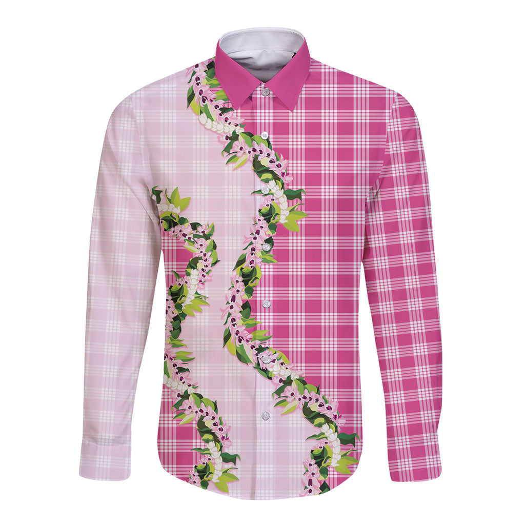 Pink Hawaii Palaka Long Sleeve Button Shirt Maile Pikake Honohono Orchid Lei