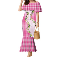 Pink Hawaii Palaka Mermaid Dress Maile Pikake Honohono Orchid Lei