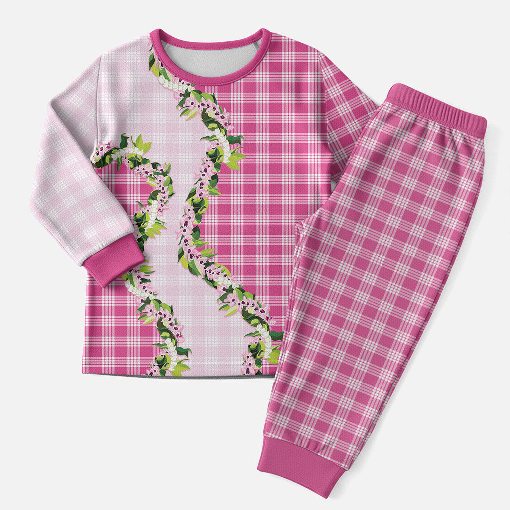Pink Hawaii Palaka Christmas Pajama Set Maile Pikake Honohono Orchid Lei
