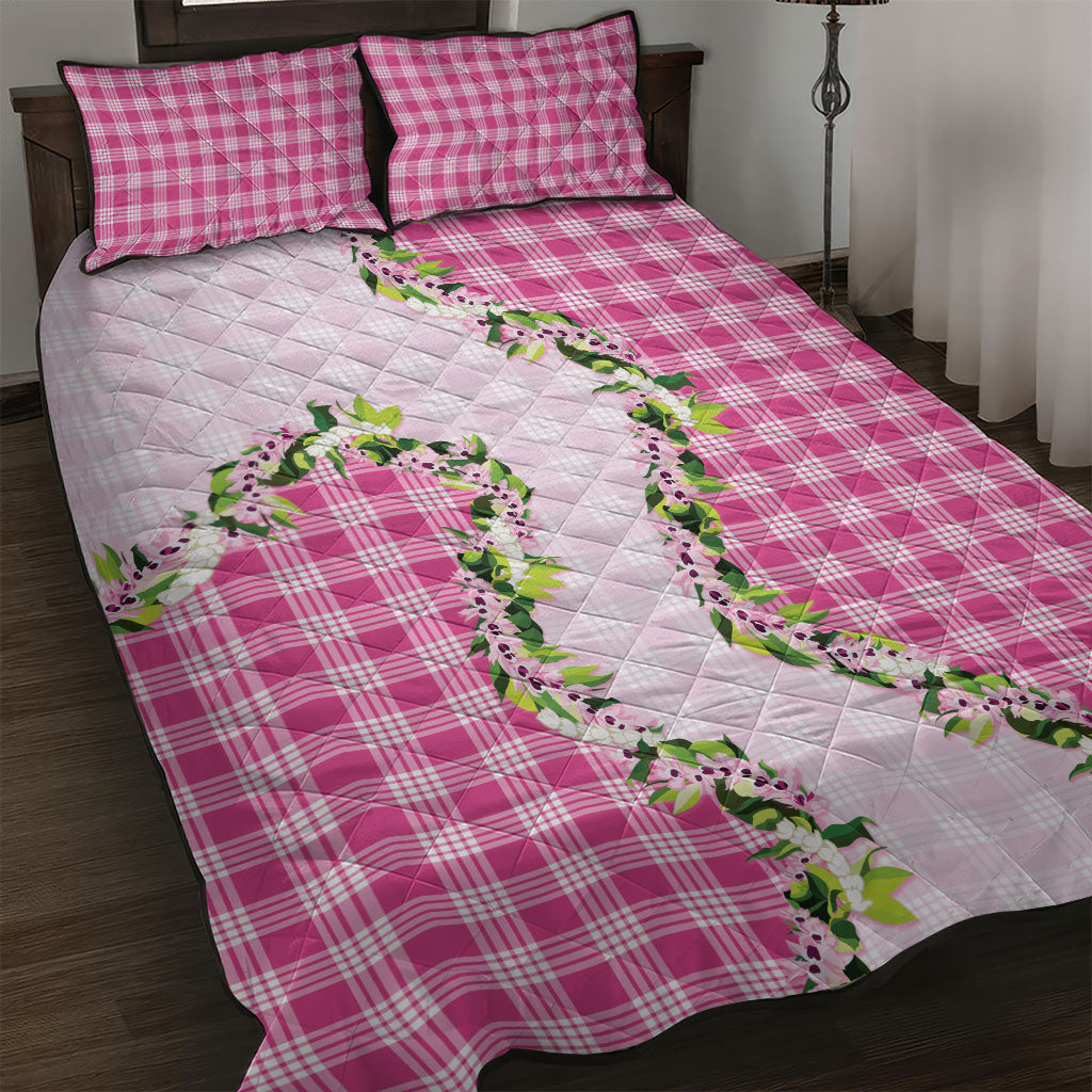 Pink Hawaii Palaka Quilt Bed Set Maile Pikake Honohono Orchid Lei