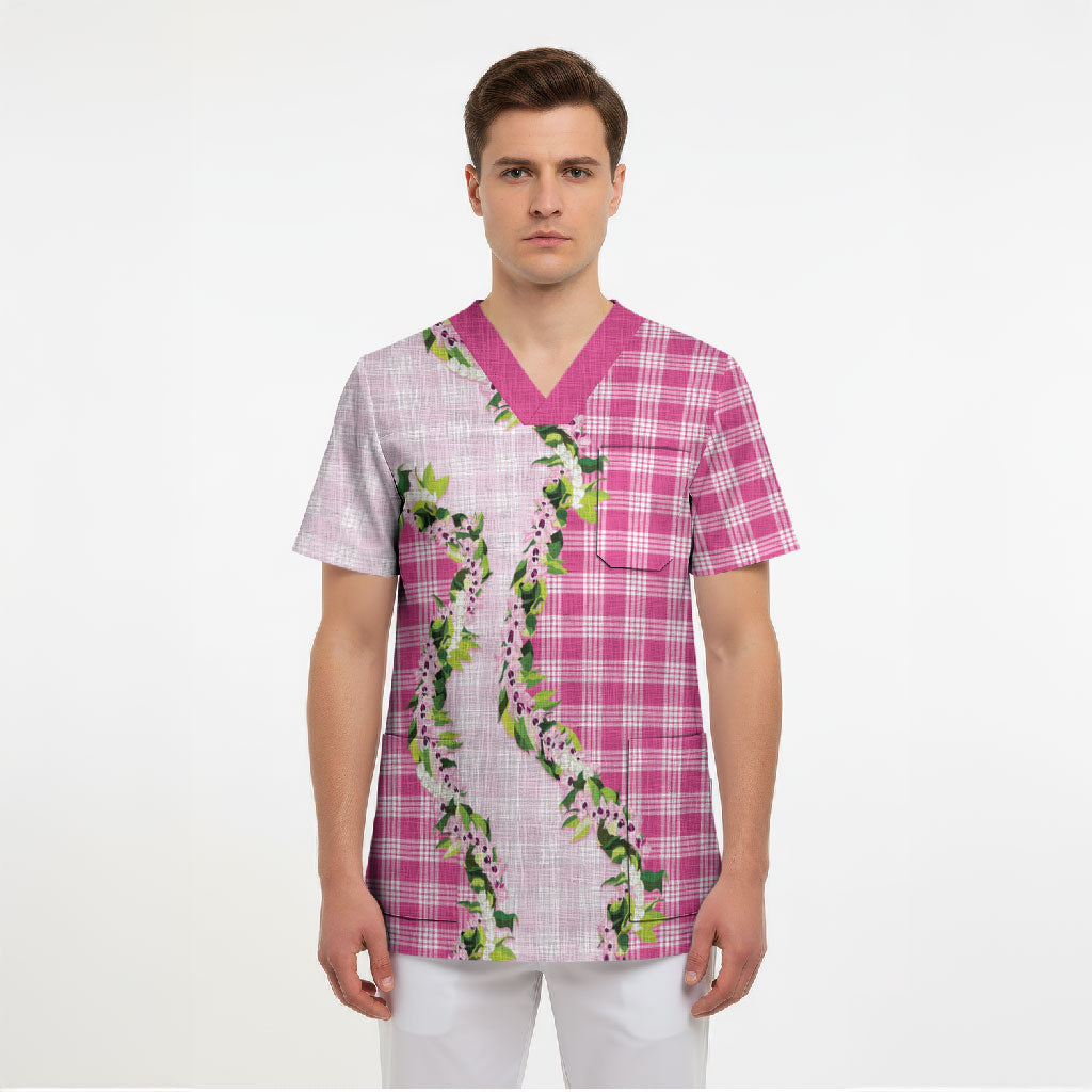 Pink Hawaii Palaka Scrub Top Maile Pikake Honohono Orchid Lei