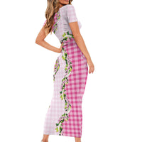 Pink Hawaii Palaka Short Sleeve Bodycon Dress Maile Pikake Honohono Orchid Lei