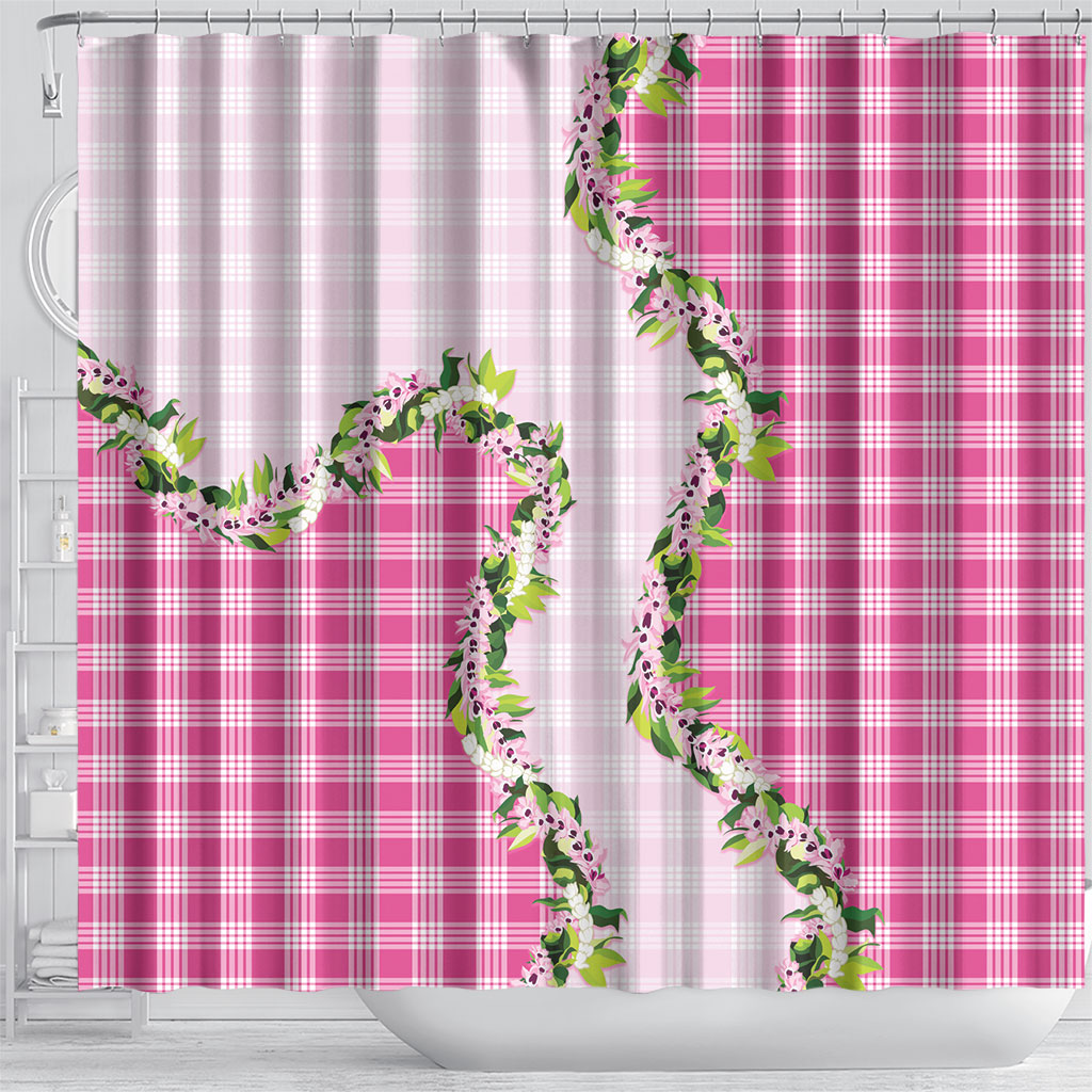 Pink Hawaii Palaka Shower Curtain Maile Pikake Honohono Orchid Lei