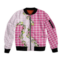 Pink Hawaii Palaka Sleeve Zip Bomber Jacket Maile Pikake Honohono Orchid Lei