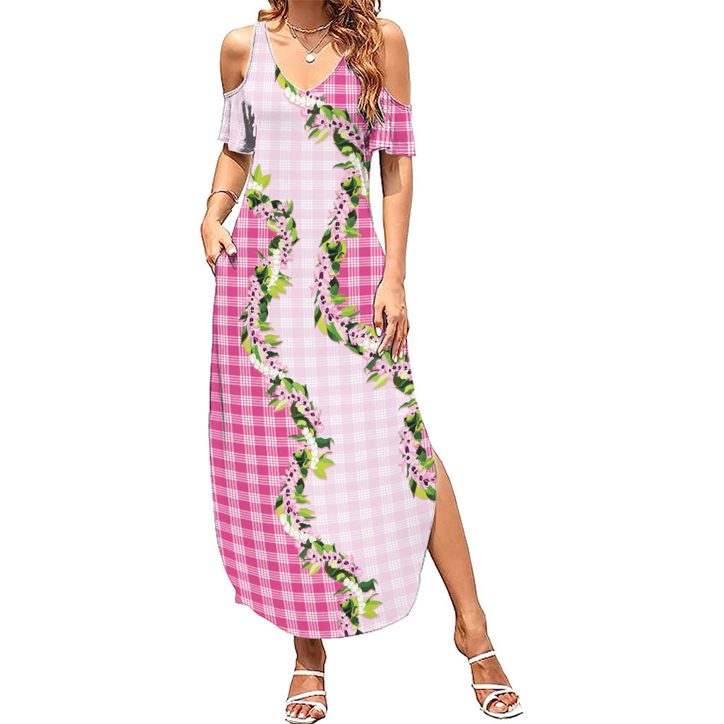 Pink Hawaii Palaka Summer Maxi Dress Maile Pikake Honohono Orchid Lei