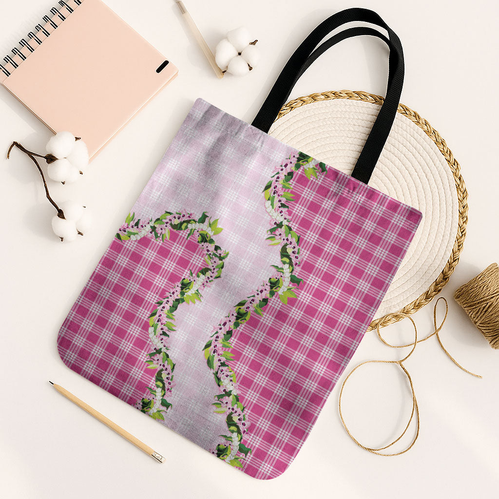 Pink Hawaii Palaka Tote Bag Maile Pikake Honohono Orchid Lei