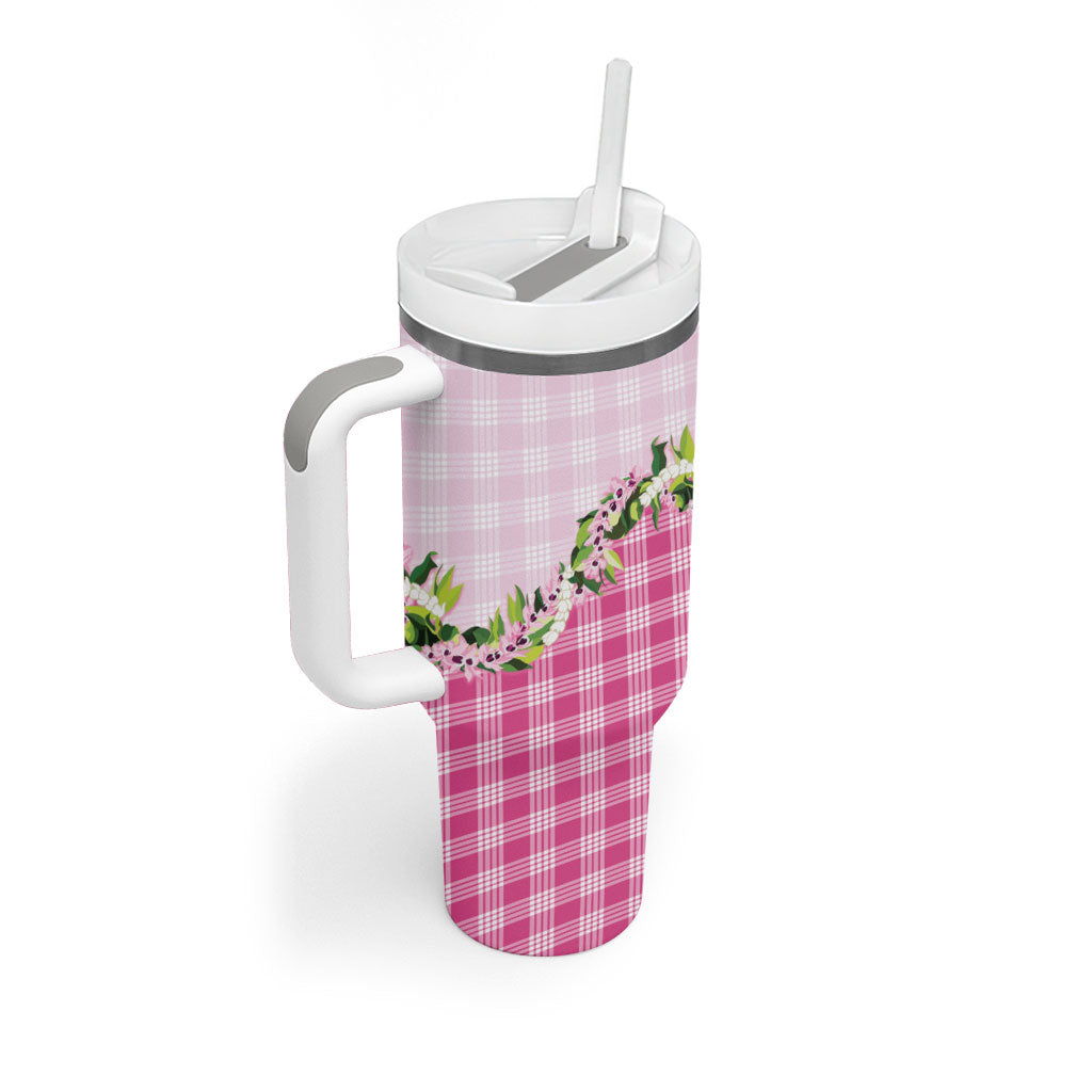 Pink Hawaii Palaka Tumbler With Handle Maile Pikake Honohono Orchid Lei