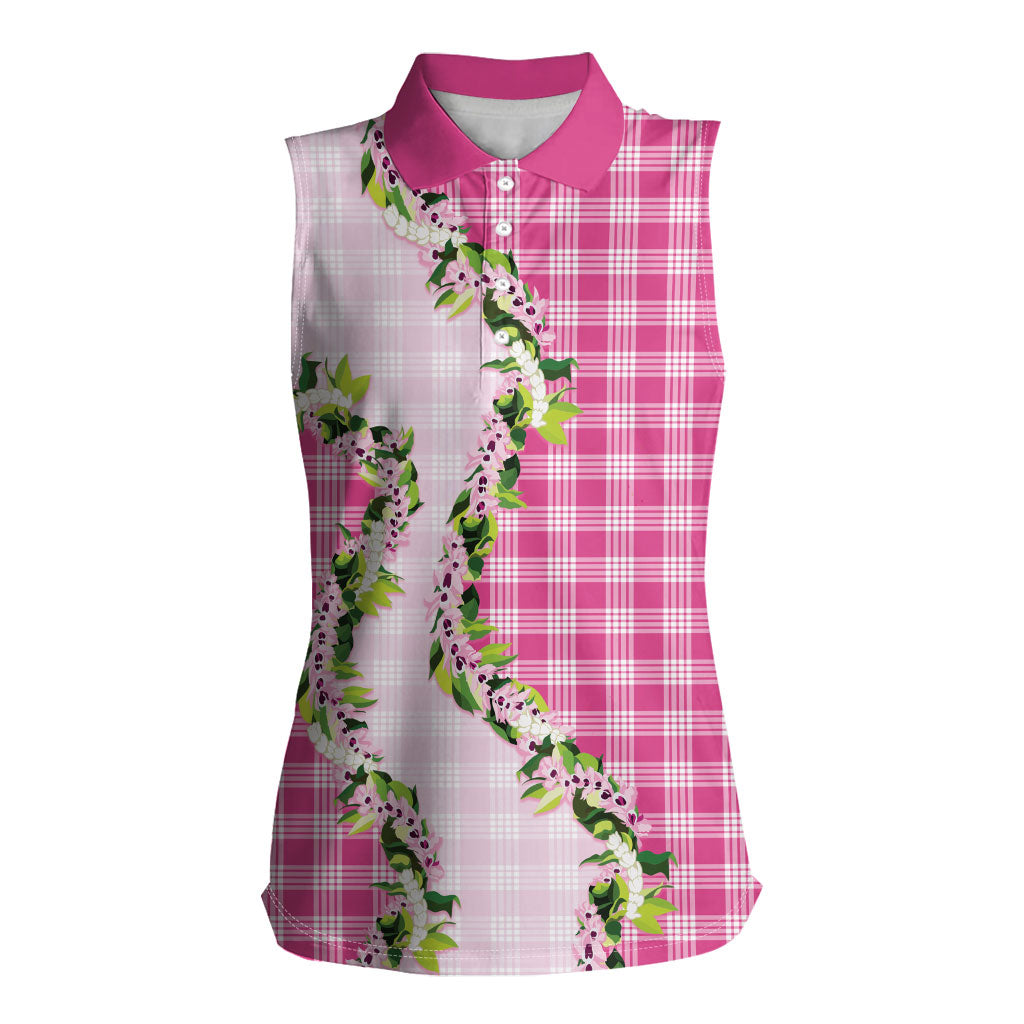 Pink Hawaii Palaka Women Sleeveless Polo Shirt Maile Pikake Honohono Orchid Lei LT05 Female Pink - Polynesian Pride