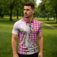 Pink Hawaii Palaka Zipper Polo Shirt Maile Pikake Honohono Orchid Lei