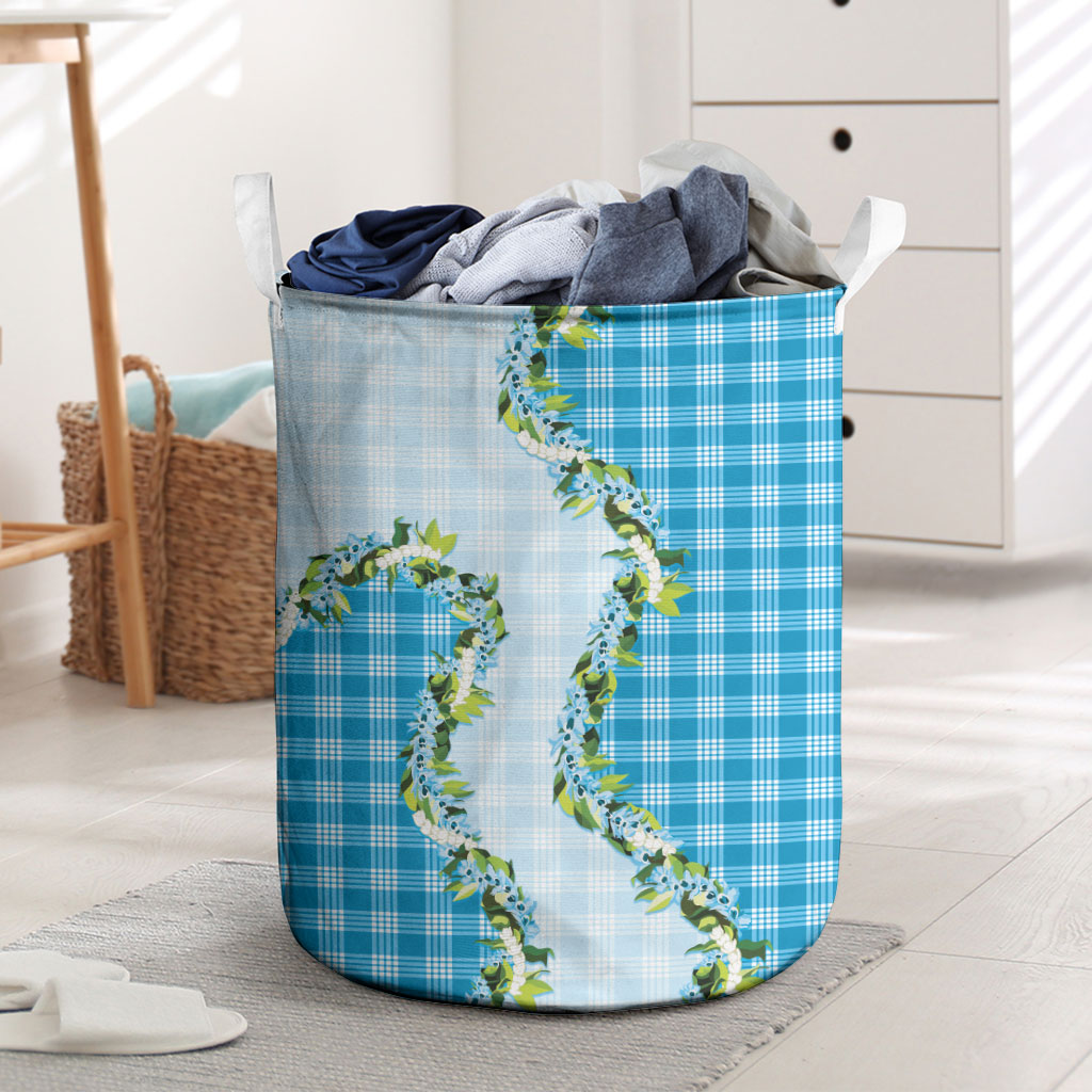 Blue Hawaii Palaka Laundry Basket Maile Pikake Honohono Orchid Lei