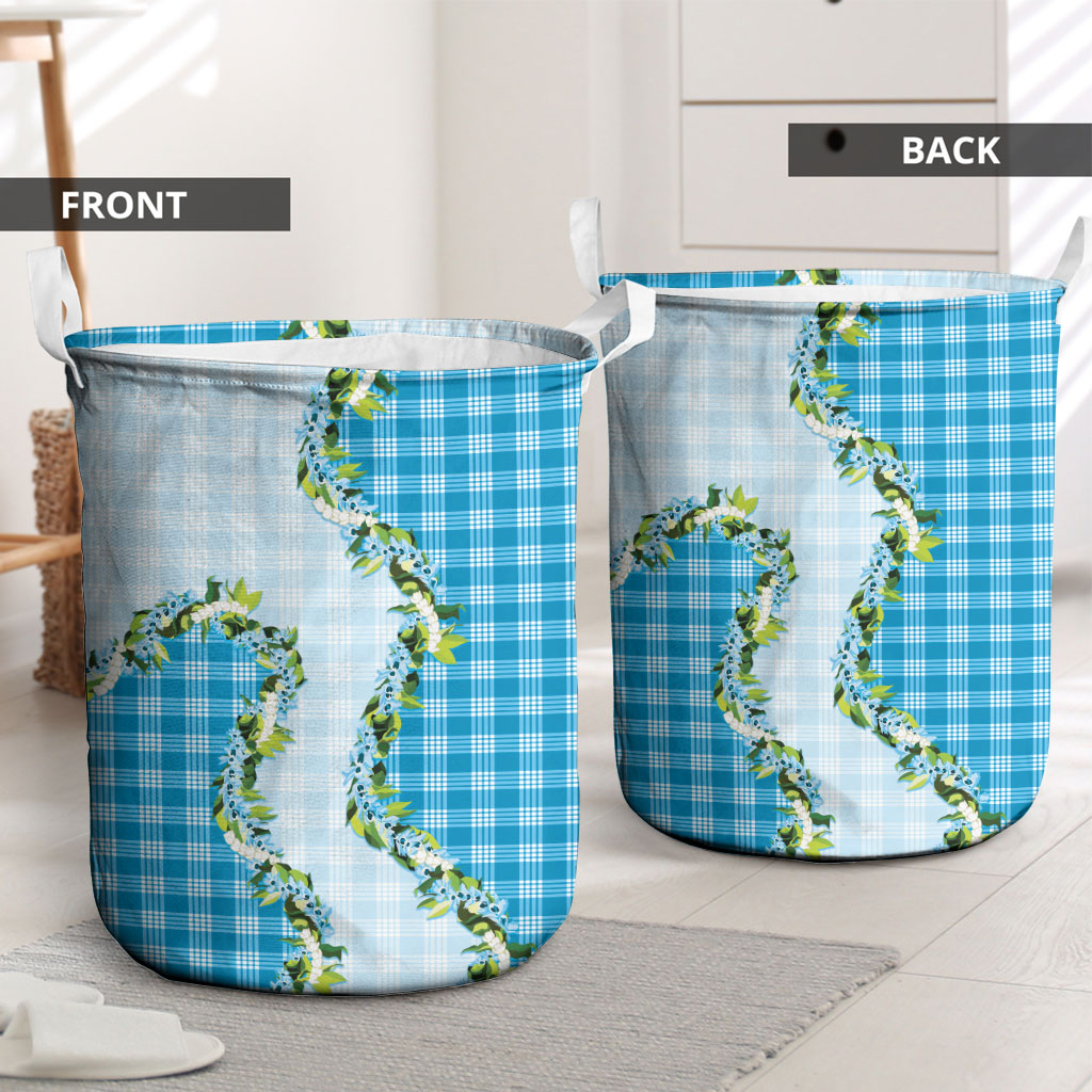 Blue Hawaii Palaka Laundry Basket Maile Pikake Honohono Orchid Lei