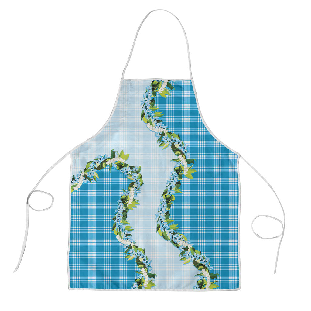 Blue Hawaii Palaka Apron Maile Pikake Honohono Orchid Lei