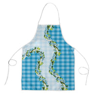 Blue Hawaii Palaka Apron Maile Pikake Honohono Orchid Lei