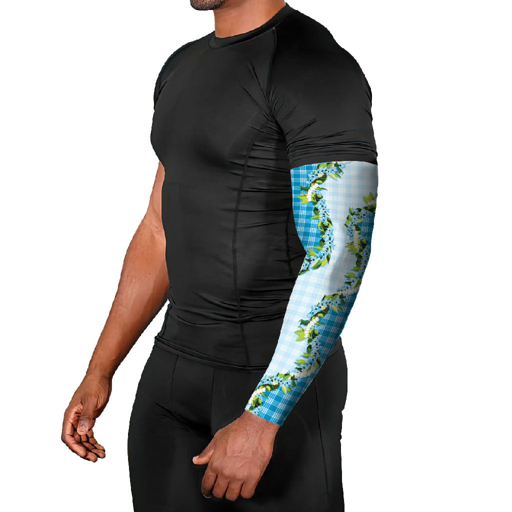 Blue Hawaii Palaka Arm Sleeves Maile Pikake Honohono Orchid Lei