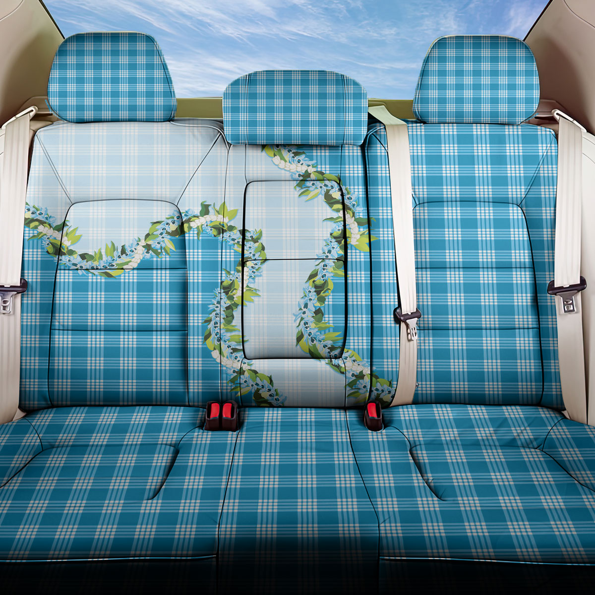Blue Hawaii Palaka Back Car Seat Cover Maile Pikake Honohono Orchid Lei