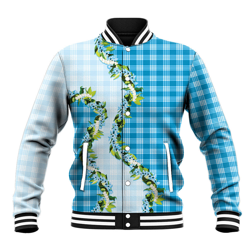 Blue Hawaii Palaka Baseball Jacket Maile Pikake Honohono Orchid Lei