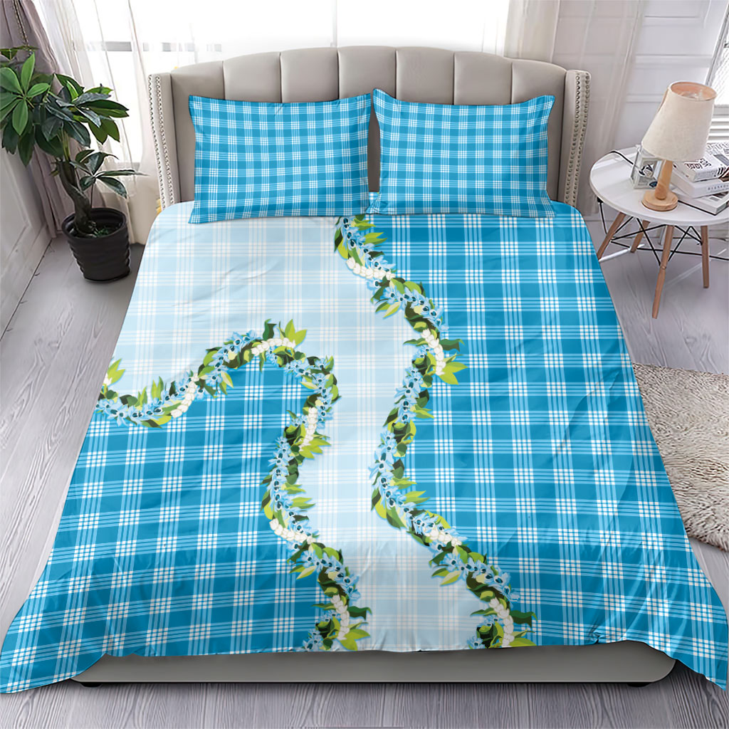 Blue Hawaii Palaka Bedding Set Maile Pikake Honohono Orchid Lei
