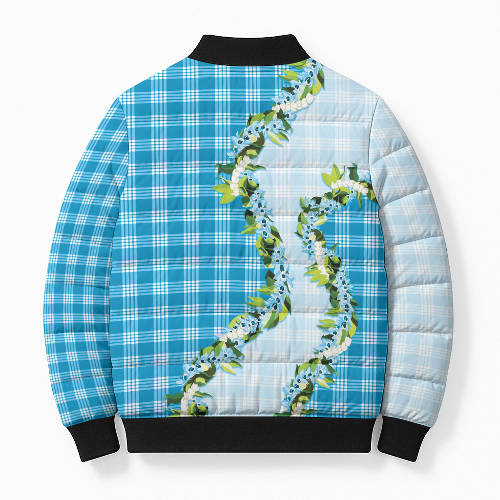 Blue Hawaii Palaka Bomber Puffer Jacket Maile Pikake Honohono Orchid Lei
