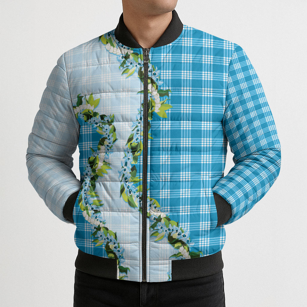 Blue Hawaii Palaka Bomber Puffer Jacket Maile Pikake Honohono Orchid Lei